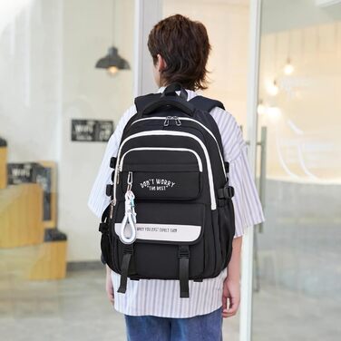 Шкільний рюкзак для підлітків дівчаток та хлопців, рюкзак у школу з багатьма кишенями, водонепроникний шкільний ранець великого розміру з відділенням для ноутбука 15,6' чорного кольору