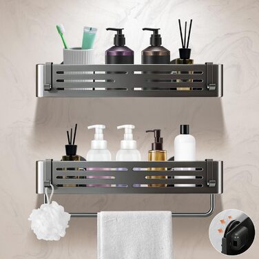 Дзеркальна поличка для душу Lekesky, 2 шт., Gunmetal Grey, алюміній, на присоску, без свердління, з 12 гачками, прямокутна