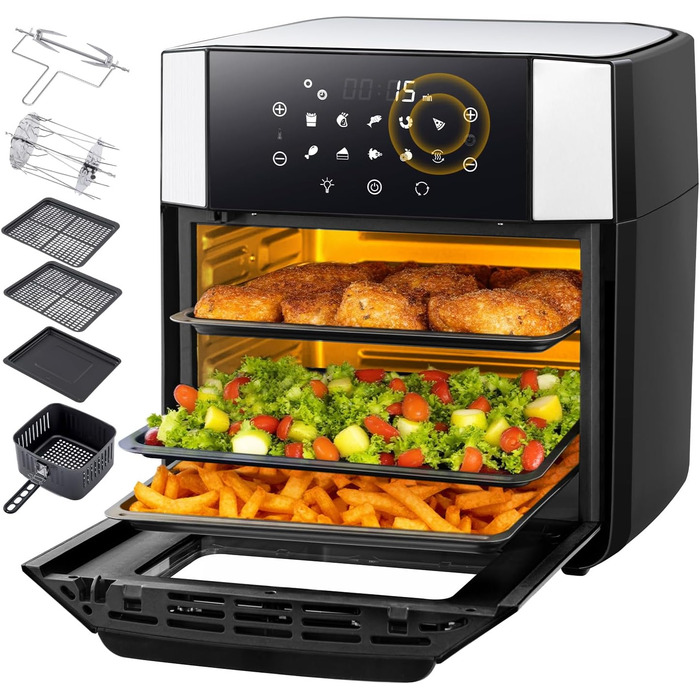Фритюрниця повітряна 15л, мультифурна з конвекцією 1800W, 10 в 1, з нержавіючої сталі, чорно-срібна