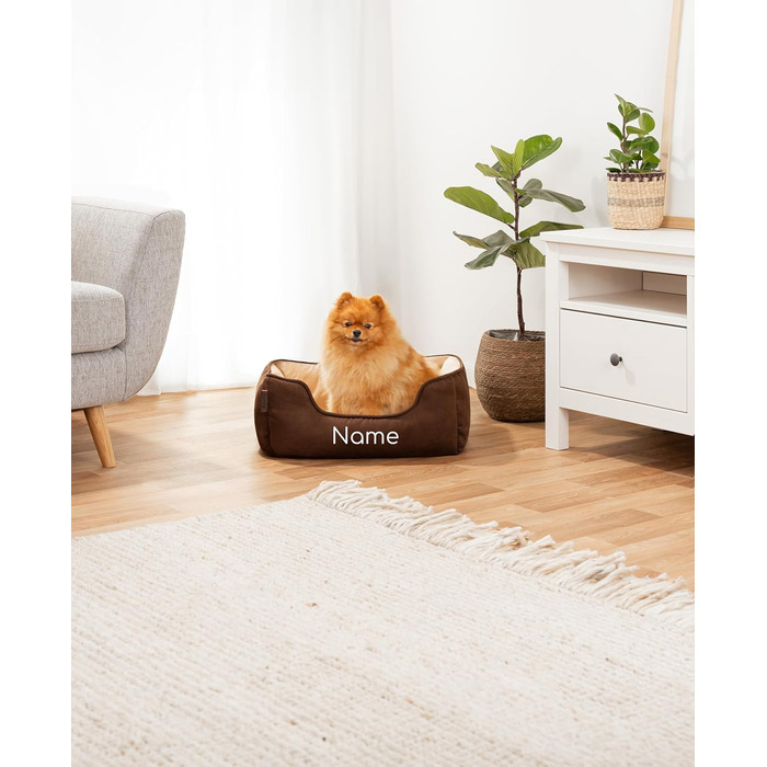 Ліжко для собак Lionto 2-в-1 з комфортним входом, м'яке домашнє ліжко для тварин, підходить для собак та котів, 80x60 см, подушка для собак з легкою у догляді оксамитовою обробкою, сірий колір (Д 60 x Ш 50 x В 22 см (з іменним нанесенням), Коричневий/Беже