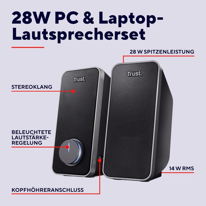 Комп'ютерні колонки Trust Arys 2.0, 28W, USB, AUX, для ПК, ноутбука, смартфона - чорний