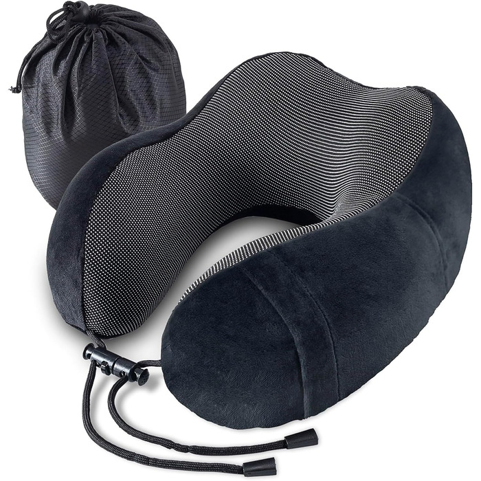 Подушка для шиї у літак, подорожі, автомобіль: Memory Foam, ергономічна, чорна