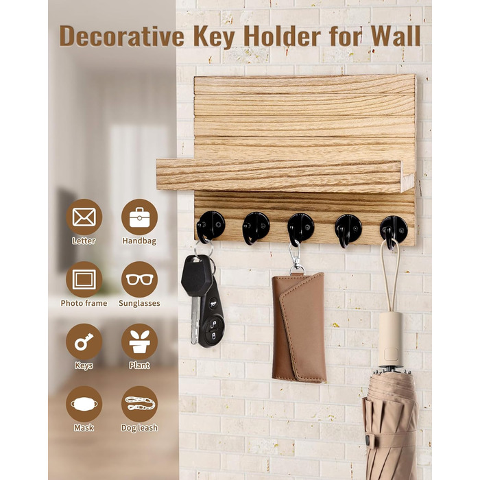 Дерев'яне ключниця з полицею на стіну, декоративне настінне кріплення для ключів, 5 гачків, для прихожої, спальні, вітальні (колір дерева)