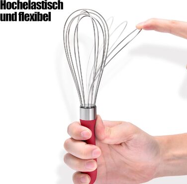 Міксер ручний Doosu 28 см з нержавіючої сталі, 8 гнучких дротів для збивання, перемішування та приготування їжі (червоний)