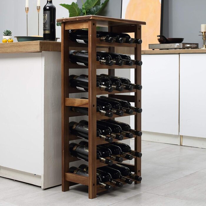 Jalz Jalz Acacia Wood Wine Rack for 28 Bottles, Sturdy and Lightweight Bottle Rack for Cellars, Restaurants, and Storage Rooms, Modular Expandable Bottle and Wine Storage