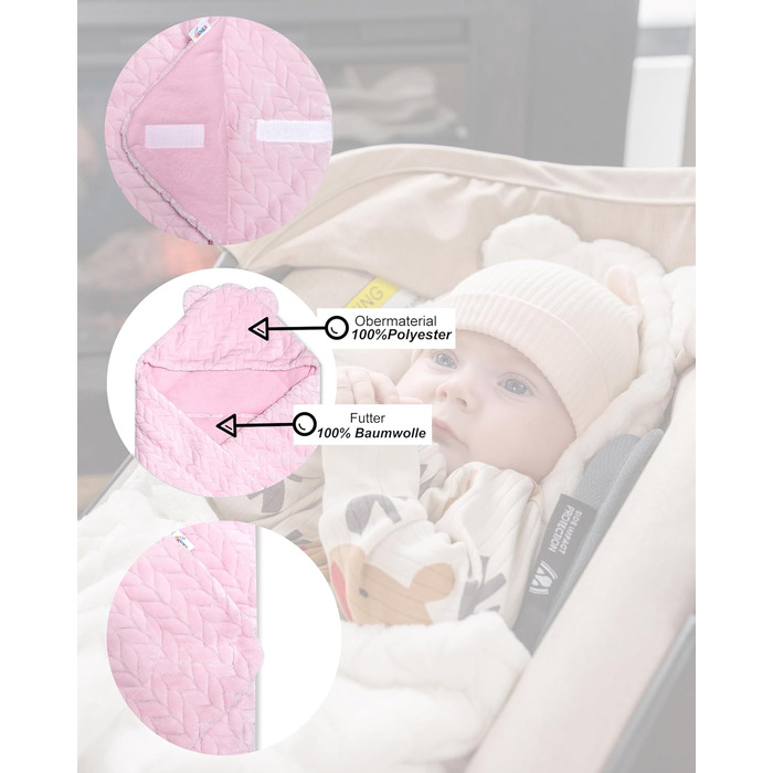 Універсальна дитяча ковдра Bo DANKA для автокрісла, коляски та Maxi Cosi, 80x80 см, з капюшоном і липучкою, для новонароджених, всесезонна, рожева