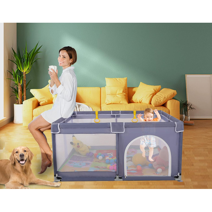PERSEVERANCE Playpen Baby 127x127cm, Baby Safety Gate with Breathable Mesh, Protective Barrier, Crawling Fence for Children, Safety Play Area