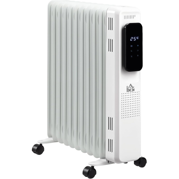 HOMCOM Портативний масляний радіатор з електронагрівом, 2500W, 3 режими, таймер, 11 секцій, білий, сталь, 50.5 x 24 x 63 см
