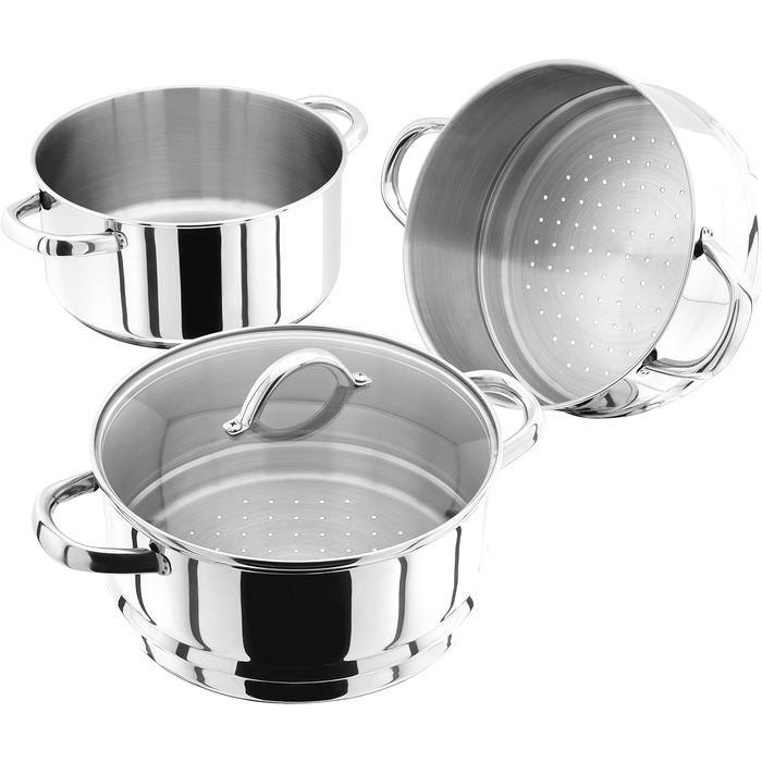 Пароварка з нержавіючої сталі Judge Essentials, 3 рівня, 22 см, з кришкою із скла та отвором для випаровування, універсальна каструля для індукційних плит і духовки, розмір 24.4x28.1x30.4 см