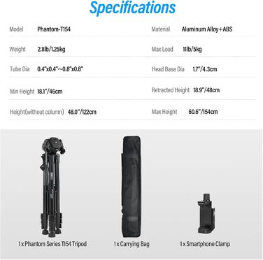 Штатив для камери SIRUI 154 см, алюмінієвий трипод з кріпленням для телефону, максимальне навантаження 5 кг