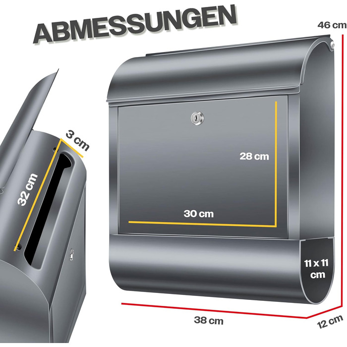 Поштовий ящик настінний KESSER XXL нержавіюча сталь, з газетницею, замок (3 ключі), антрацит