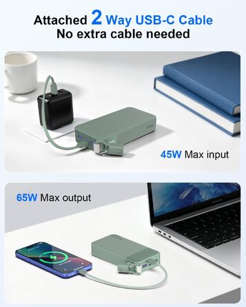 Повербанк NOBIS 20000 mAh 65W з вбудованим кабелем, швидка зарядка, 2x USB-C та 2x USB-A, для ноутбуків, планшетів та смартфонів (Зелений)