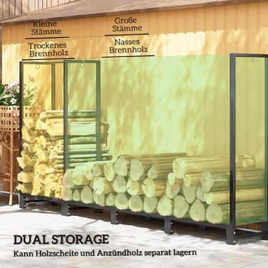Поличка для дров Outsunny 240 x 32 x 115 см – міцна металева конструкція з двома секціями та трьома гачками. Ідеально підходить для зберігання дров як на вулиці, так і в приміщенні. Витримує навантаження до 300 кг. Виготовлена зі сталі, колір – чорний. Бр