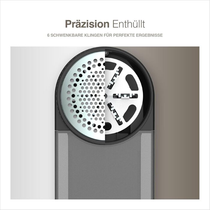 Портентум Фусселрасйер: Електричний видалення ворсу з LED-підсвіткою, 3 режими, 9000 об/хв, 6-клинковий насадка, USB-C, 15W для одягу та дому