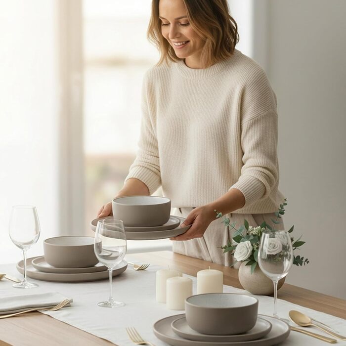 Сервіз Hausfelder для 8 осіб, 32 деталі, кераміка – 24-х предметний набір посуду з тарілок, мисок та чашок – стійкий до миття в посудомийній машині, сучасний дизайн (Nordic Sand)