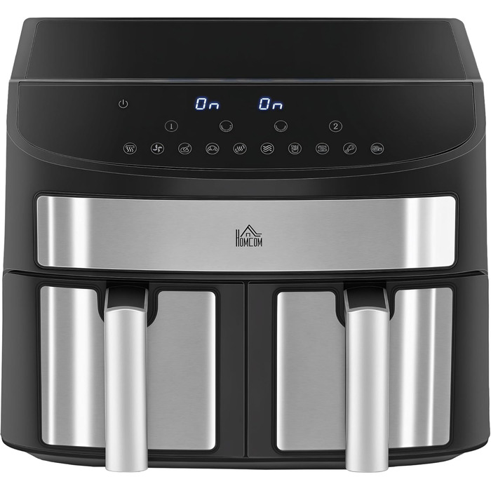 Фритюрниця HOMCOM з подвійними зонами, 8 л, 2400 Вт, 2 відсіки, 10 програм, антипригарне покриття, кошики, що миються, фритюрниця без олії, енергозберігаюча, чорна