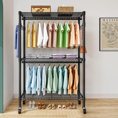 Вішалка для одягу на коліщатках металева з полицею та гачками, чорна 120x45x205 см