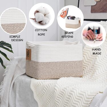 Плетений кошик COMFY-HOMI з бавовняного шнура з ручками для зберігання іграшок, книг і речей, органайзер для полиць, 34,3x27,9x24,1 см, біло-коричневий