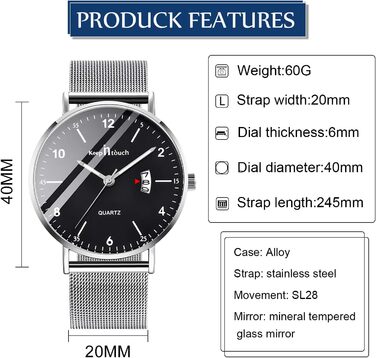 Годинник на зап'ясті Unendlich для чоловіків: ультратонкий, водонепроникний, кварцовий, з мінімалістичним цифровим дисплеєм, з цифровим календарем, для бізнесу та повсякденного носіння, корпус та браслет з нержавіючої сталі (чорний+сріблястий)