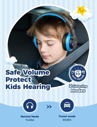 iClever Бездротові навушники для дітей 2 шт. з LED-підсвічуванням, Over-Ear, обмеження гучності 74/85 дБ, 85 годин роботи, Bluetooth 5.2, мікрофон, чорний/рожевий