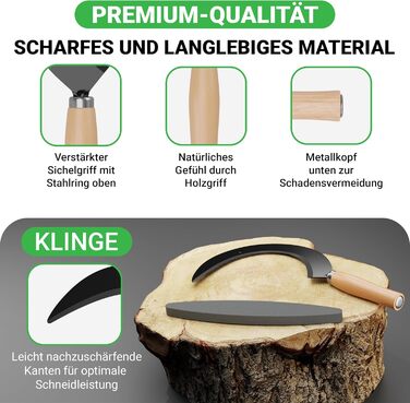 ALBAJ Sickle with Wooden Handle - traditional sharp sickle - sustainable scythe 35x22 cm - includes free sharpening stone – robust sickle for grass