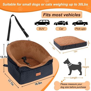 Elevated Dog Car Seat - Washable & Removable for Small & Medium Dogs (Up to 13.6KG) with Storage Pockets & Safety Belt - Black & Brown