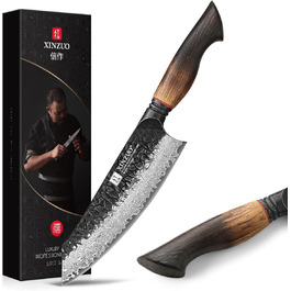 Ніж Сантоку XINZUO Damaststahl 19,3 см - професійний кухонний ніж з дамаської сталі, серія Mo, ергономічна ручка з білого дуба