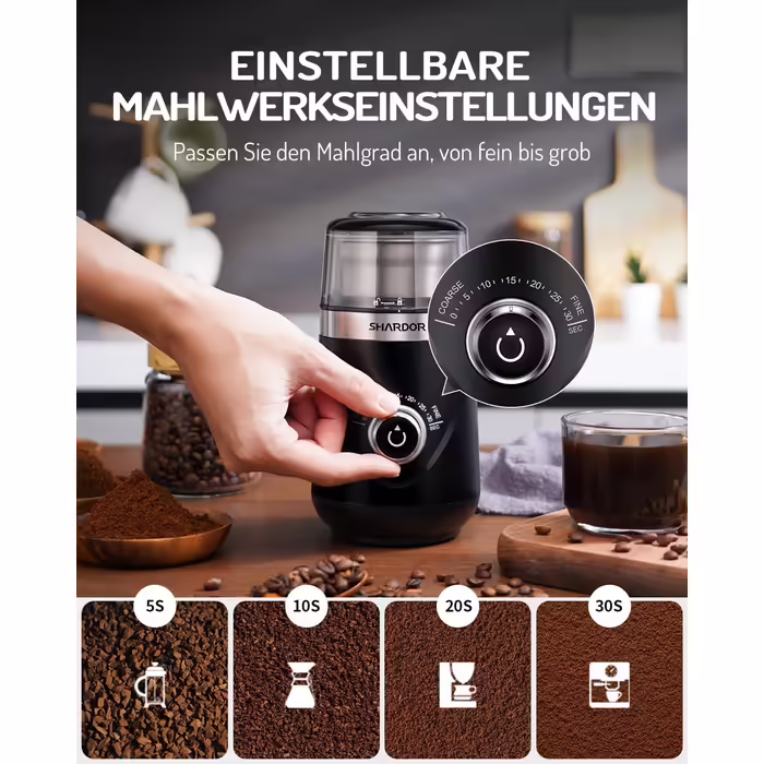 SHARDOR Coffee Grinder with 2 Stainless Steel Cups, Spice Grinder, Automatic Timer, Quiet Grinding, Can be Used for Grinding Coffee Beans, Spices, Grains, Sugar, Nuts, 2 * 80g