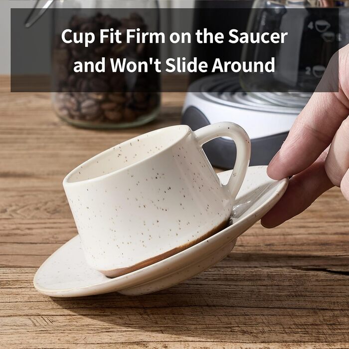 Набір керамічних чашок та підставок для кави з металевим стійкою (6 шт., 130 мл) - Cappuccino, Espresso, Latte, Americano, Чорний колір