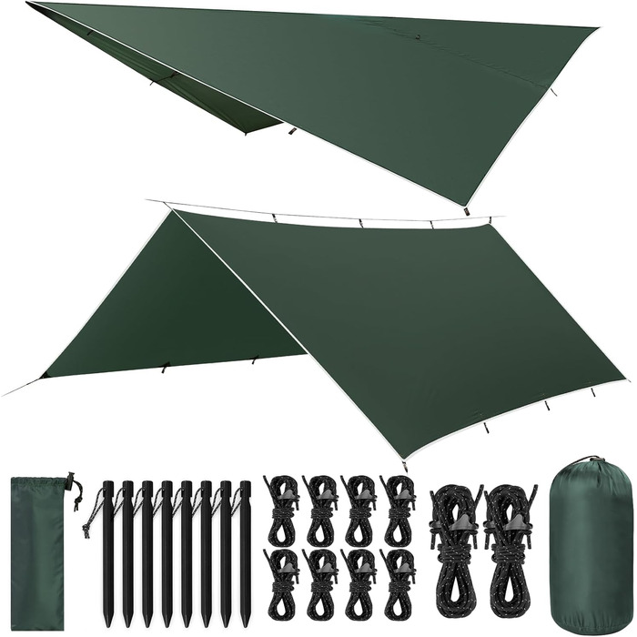 VOSOIR Waterproof Camping Tarp - 3x3/3x5M - UV Protection, Lightweight, with Grommets, Stakes & Rope - for Camping, Hiking, Picnics, Hammocks