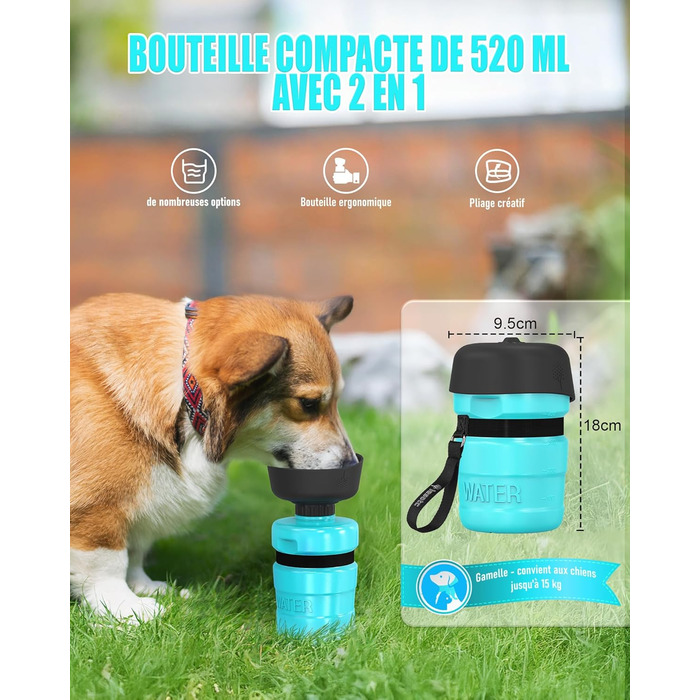 Складана пляшка для води для собак Lesotc, 520 мл, блакитний колір, для прогулянок та подорожей