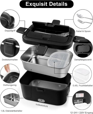 AUTOPkio Electric Lunch Box 1.8L 80W, 12V 24V 220V Large Heated Food Warmer with Bag, Stainless Steel Fork, Spoon for Car, Truck, Office (Black)