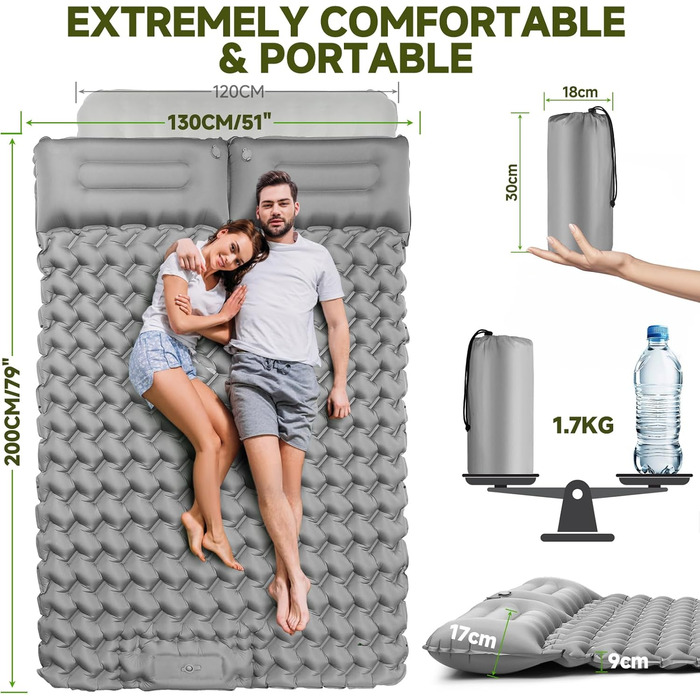 Каремат для кемпінгу Isomatte 9 см, 200x68 см - надувний матрац з подушкою, водонепроникний, для туризму, пляжу, намету (сірий)