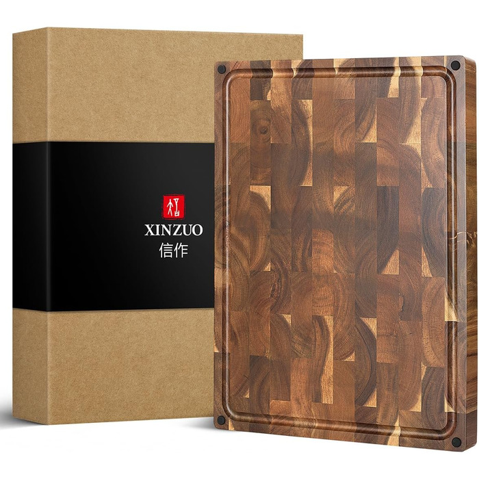 Велика товста торцева обробна дошка XINZUO з акації 48,5×35,6×3,8 см, двостороння кухонна дошка з антиковзкими ніжками, вбудованими ручками та жолобом для соку