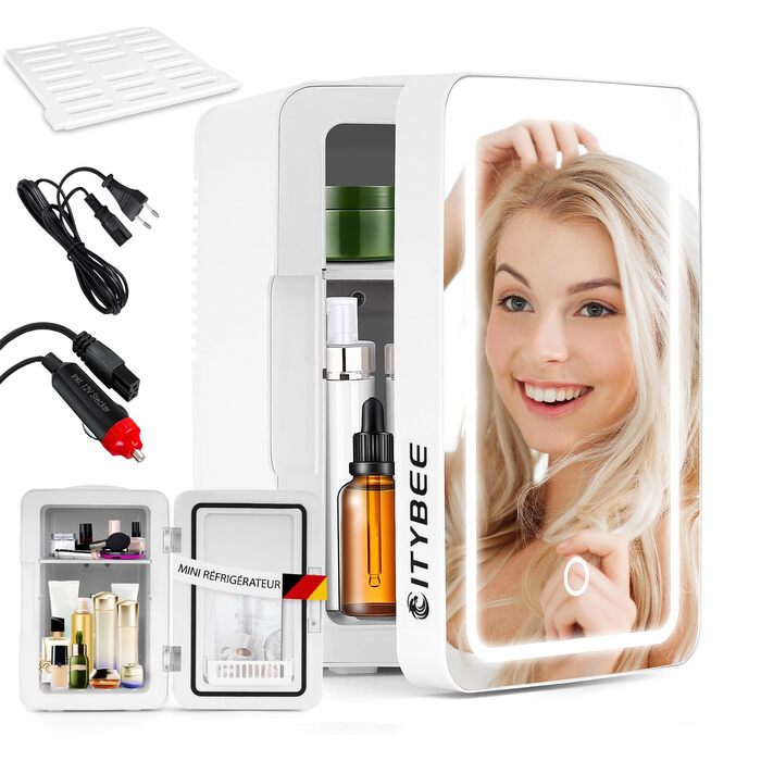 Міні холодильник 6L - 12V/230V, тиха робота, з дзеркалом та LED-підсвіткою. Ідеальний для косметики та авто (білий)
