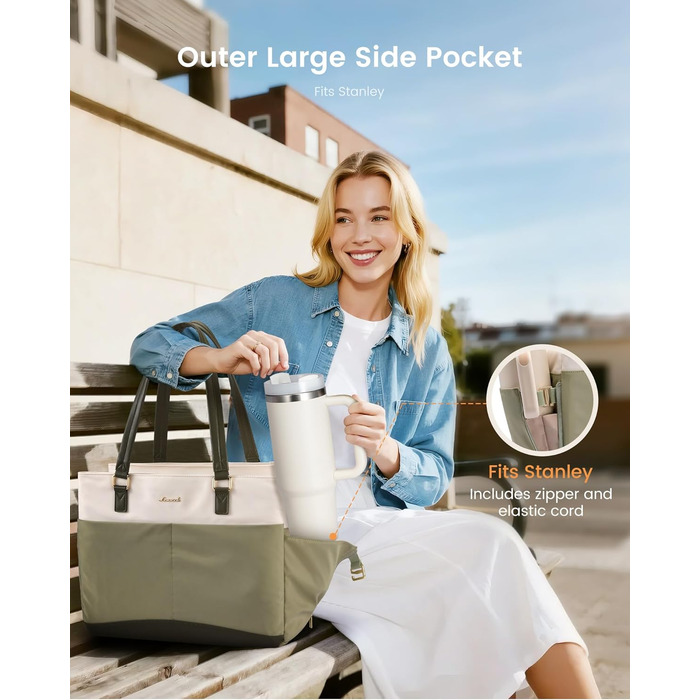 Сумка для ноутбука LOVEVOOK, велика шопер-тоут для жінок, бежево-зелена (15.6 дюймів) - для роботи, університету, офісу