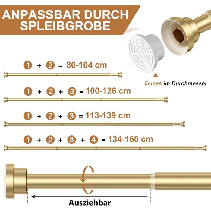 Штанга для штор без свердління AIZESI, телескопічна, для ванної, вікна, шафи, діаметр 22 мм, 80-160 см, золотий колір