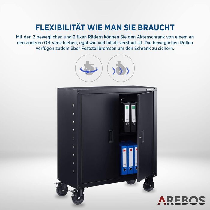 Металевий офісний шафа Arebos, чорний, 90x90x40 см, регульовані полиці, на колесах