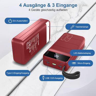 Power Bank 60000mAh 22.5W PD USB-C Чорвоний – Зовнішній акумулятор для смартфонів, планшетів