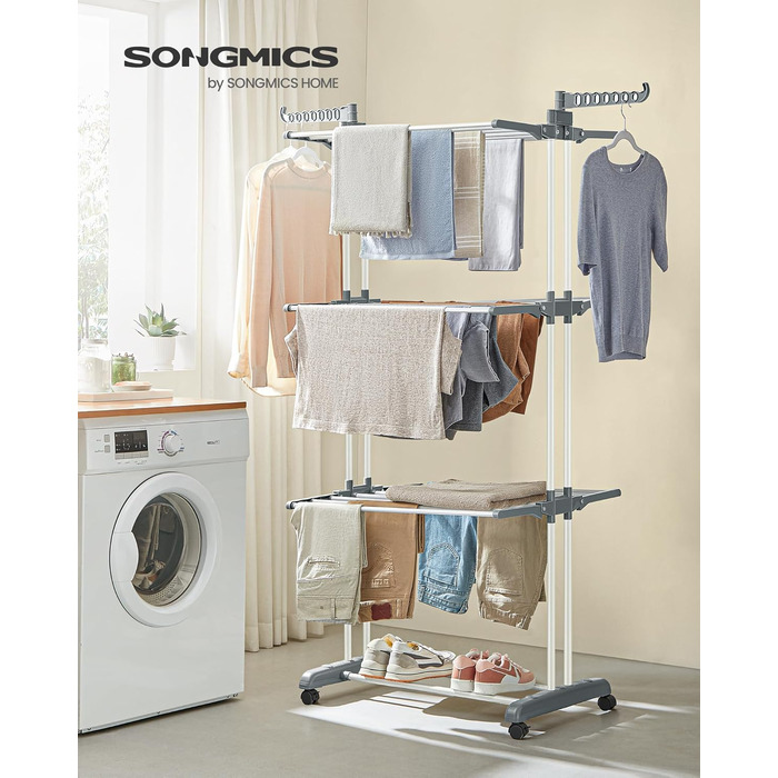 SONGMICS Сушарка для білизни на коліщатках, 4 яруси, розкладна, біла, 63.5 x 128 x 173 см, для дому та вулиці