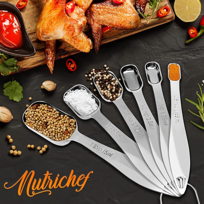 Набір мірних ложок NutriChef NCMMS6 з нержавіючої сталі, 6 шт. – для сипучих та рідких інгредієнтів, з метричною та американською мірною шкалою