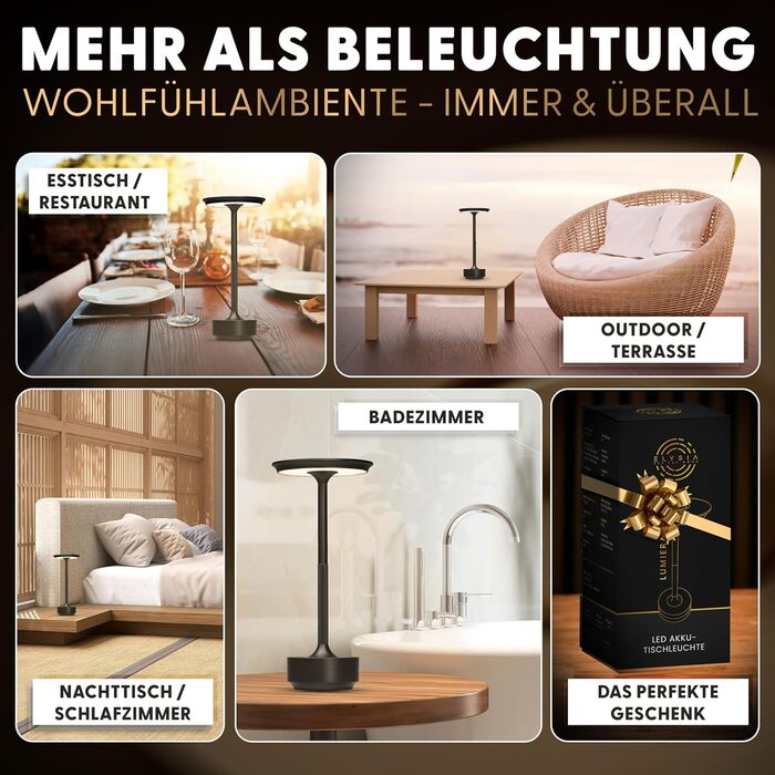 Настільна світлодіодна лампа ELYSIA LED акумуляторна, димована, бездротова, з сенсорним керуванням (IP54), тепле світло (2200K-2700K-3200K), USB-C, алюмінієва, чорна