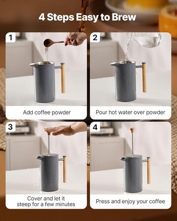 VEVOR Френч-прес для кави, 1 л, нержавіюча сталь, кавова преса, чайник з фільтром, ізольований, для кемпінгу, подорожей, кухні, ресторану, чорний