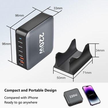 Зарядний пристрій USB C 220W, 6 портів GaN III, швидка зарядка PD + QC для iPhone, Samsung, iPad, MacBook Pro, Dell – Чорний + Кабель USB C 100W 1.5м