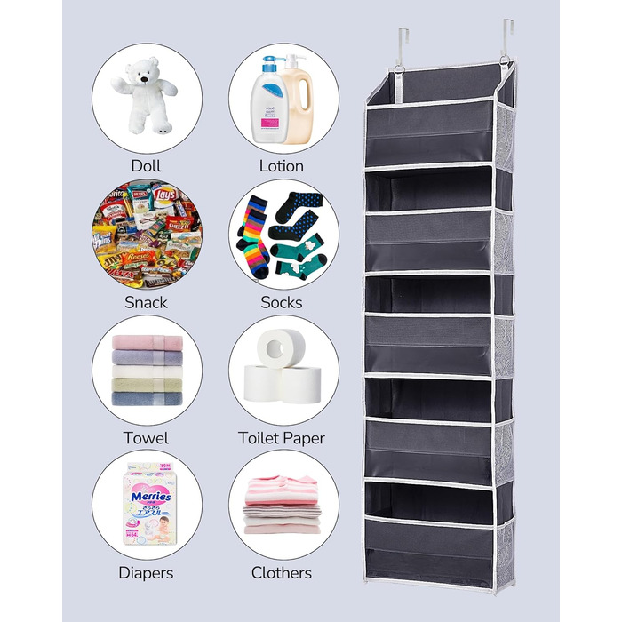 Органайзер для дверей ULG з 5 великими кишенями та 10 сітчастими кишенями, 20 кг, для спальні, ванної, кухні (темно-сірий)