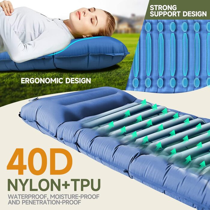 Каремат для кемпінгу Bluever самонадувний з насосом для ніг, 14 см, товстий, з подушкою. Підходить для піших прогулянок, намету, пляжу, подорожей.