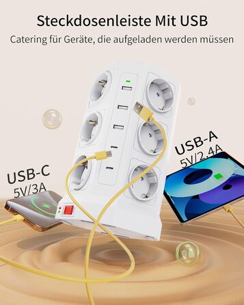 Блок розеток із захистом від перенапруги (3680W/16A), 12 розеток з 5 USB, мережевий фільтр з вимикачем, 1,5м кабель, захист 1050J, для дому/офісу, білий