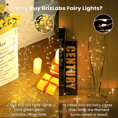 Гірлянда світлодіодна святкова BrizLabs, 40м, мідний дріт, 400 LED, 8 режимів, для дому, саду, балкону, вечірки, тепле біле світло, вологостійка