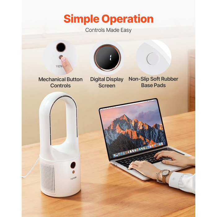 Безлопатевий вентилятор VEVOR 330 мм, портативний USB-вентилятор, 6 режимів, тихий, з LCD-дисплеєм, для дому, офісу, дитячої кімнати