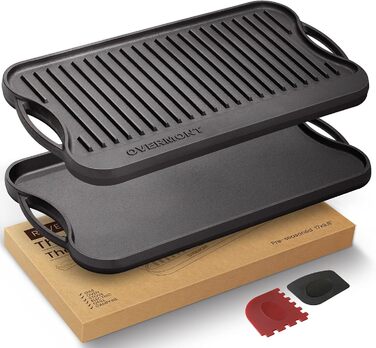Чавунна двостороння гриль-плита OVERMONT з ручками 43,2×24,9 см для BBQ, духовки, газового та вугільного гриля